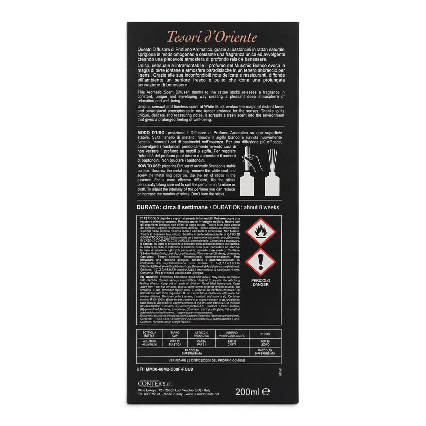 Tesori d’Oriente Muschio Bianco Aromadiffuser mit Duftstäbchen 200 ml